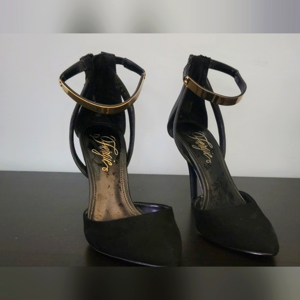 Fergie black suede shoes with gold ankle Sz 7